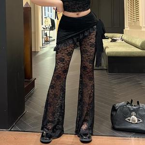 CF24120AHO-Halloween Party Wears Autumn Women's Floral Lace Bell-bottomed Pants Fall Asymmetrical Bandage Party&Casual Long Pants for Women Black Womenswear summerwins