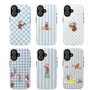 Cute Blue Striped Monkey Curious George Playful Fun Cheerful Design Art Trendy Tough Phone Case. Nostalgic Childhood Aesthetic Heavy Duty Shockproof Protective Smartphone Cover for iPhone 17 Pro Max 16 Air 15 14 13 12 11.