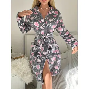 Comfortable Long Sleeve Hooded Flannel Robe 1 Piece - Polyester Knit Belted Loungewear, Heart Pattern and Belted Dress Casual Knitted Evening