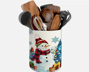 Christmas Kitchen Decor Ceramic Utensil Holder with Cute Snowman Design for Festive Cooking