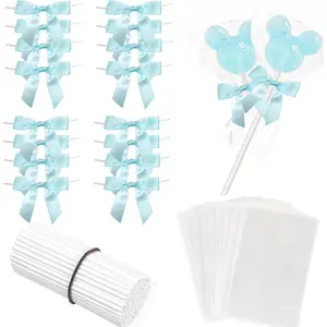 100 Sets Cake Pop Sticks and Treat Bags Kit Including 100 Cakepop Wrappers with 100 Blue Bow Ties and 100 Lollipop Sticks for Rice Krispies Candies Chocolate Wedding Baby Shower Packaging