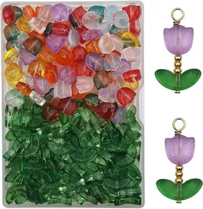 25 Sets (50 Pieces) Flower Crystal Glass Tulip Beads - Bead Decorated, Decorative, Focal Charms for Jewelry Making, DIY Craft Accessories, Bead Decorated Charms, Decorative Beads Charms