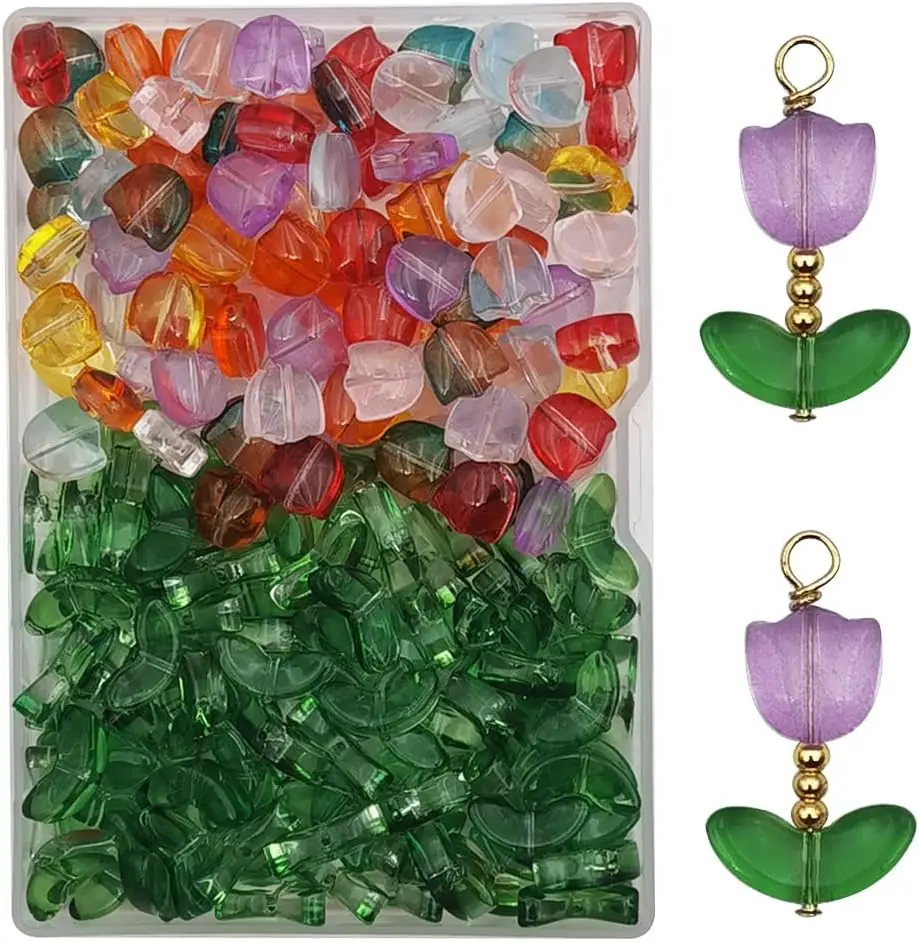 25 Sets (50 Pieces) Flower Crystal Glass Tulip Beads - Bead Decorated, Decorative, Focal Charms for Jewelry Making, DIY Craft Accessories, Bead Decorated Charms, Decorative Beads Charms