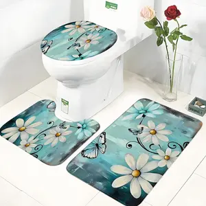 Fresh Daisy Butterfly Print Toilet Mat Set, Non-Slip Absorbent Soft Comfort Bathroom Rug, U-Type Bath Mat Suite, 3-Piece Set