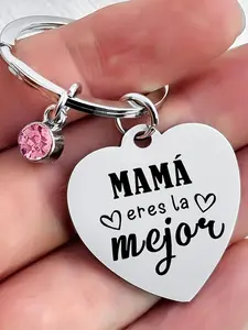 Stainless Steel Heart Shaped Keychain with Crystal, Engraved Spanish & English Message Keychain for Mom, Decorative Charm for Bags or Keys