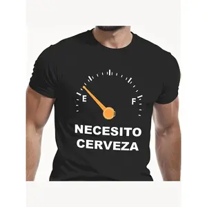 Men's Funny Spanish Beer T-Shirt - "NECESITO CERVEZA" (I Need Beer) Fuel Gauge & Spanish Slogan Print, Cotton Casual Short Sleeve Shirt with Humorous Fuel Gauge Graphic for Spanish Speakers & Beer Lovers (Regular Fit S-XXXL) - Black with