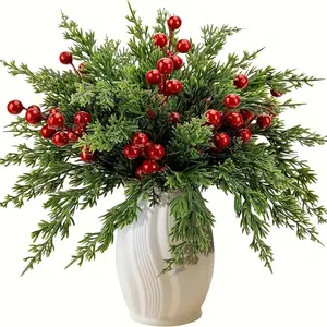 Christmas Artificial Pine Branch Set with Berries, Perfect for DIY Crafts, Wreaths & Home Decor, Classic Style, No Power Needed, Home Decor Ornaments