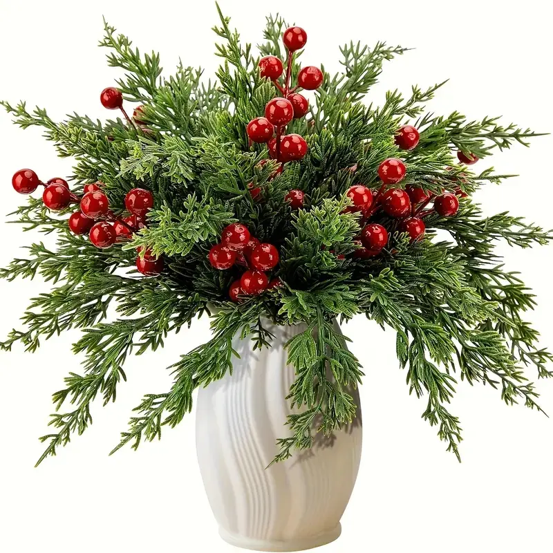 Christmas Artificial Pine Branch Set with Berries, Perfect for DIY Crafts, Wreaths & Home Decor, Classic Style, No Power Needed, Home Decor Ornaments