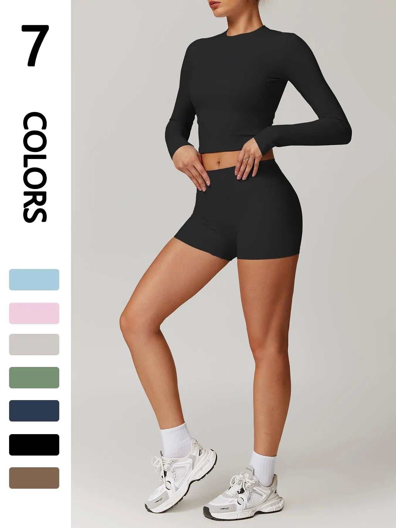 Two-piece Set Women's Solid Long Sleeve Crop Top & High Waist Shorts Sports Set, Casual Comfy Breathable Seamless Outfits for Yoga Gym Workout Running