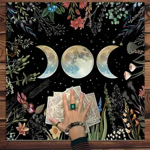 Triple Moon Phase Garden Pattern Tarot Tablecloth, Mystical Tarot Tablecloth, Witchcraft Astrology Divination Board, Gift Packaging Supplies