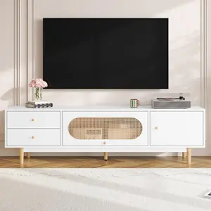 70" Modern TV Stand for TVs up to 80", Minimalist Media Console Table with Drawers, Wood Entertainment Center with Doors and Shelves for Living Room, Bedroom, White