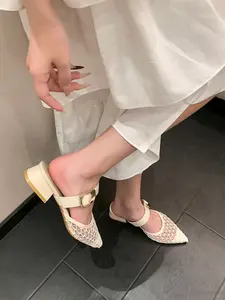 Mesh Hollow Out Pointed Toe Mules, Metal Buckle Low Heel Outdoor Slippers, Slip-On Comfortable Shoes for Daily Wear, Commute, Dates