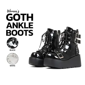 Womens Platform Ankle Boots Round Toe Wedge Heel Side Zipper Buckles Studs Fashion Combat Casual Outing Party Punk Rave Concert Motercycle Trendy Comfortable Gothic Booties