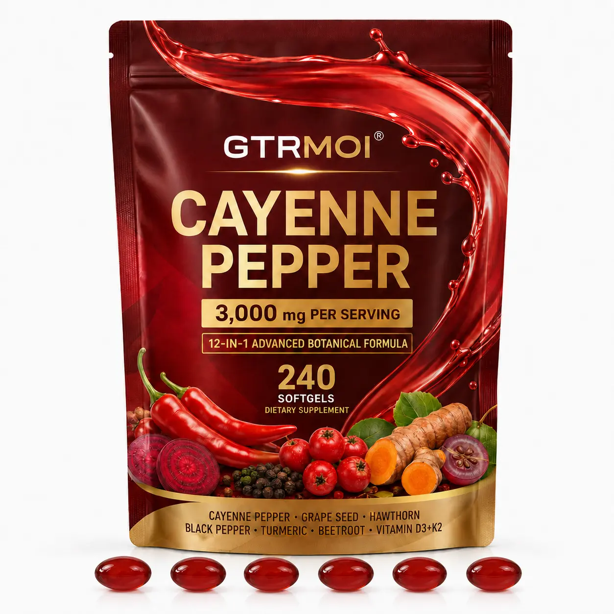 GTRMOI Cayenne Pepper Softgel Capsules – Herbal Wellness Formula with Vitamins E, D3 & K2, Grape Seed, Hawthorn & Beetroot Extract (240 Softgels / 1 Pouch)