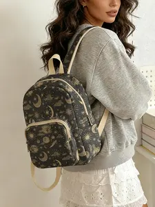 1 piece of star moon star pattern 2D printed lady's backpack, Cute versatile backpack, corduroy texture + layered storage + light weight reduction, perfect for students to go to class/shopping/short trips, combination of atmosphere and practicality