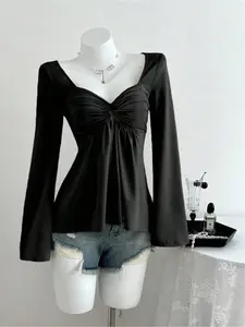 Autumn new solid-color twist-front knot design long-sleeve fitted casual women's top Blouse, versatile style suitable for various occasions such as home, work, travel, gatherings, and bars.