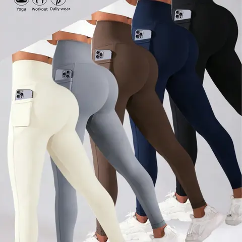 Women's 5-Pieces Solid Color Full-Length Yoga Pants - Butt Lifting, Elastic Stretch, Comfy Supportive Activewear Leggings for Yoga, Athleisure Bottoms, Gym Workout