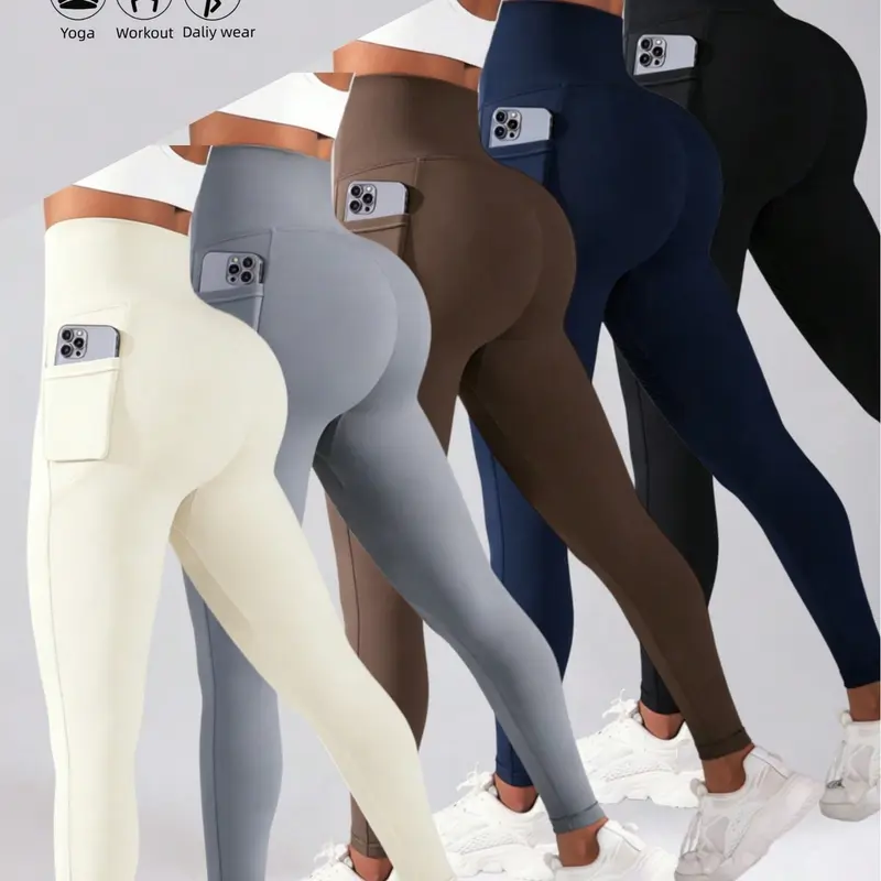 Women's 5-Pieces Solid Color Full-Length Yoga Pants - Butt Lifting, Elastic Stretch, Comfy Supportive Activewear Leggings for Yoga, Athleisure Bottoms, Gym Workout