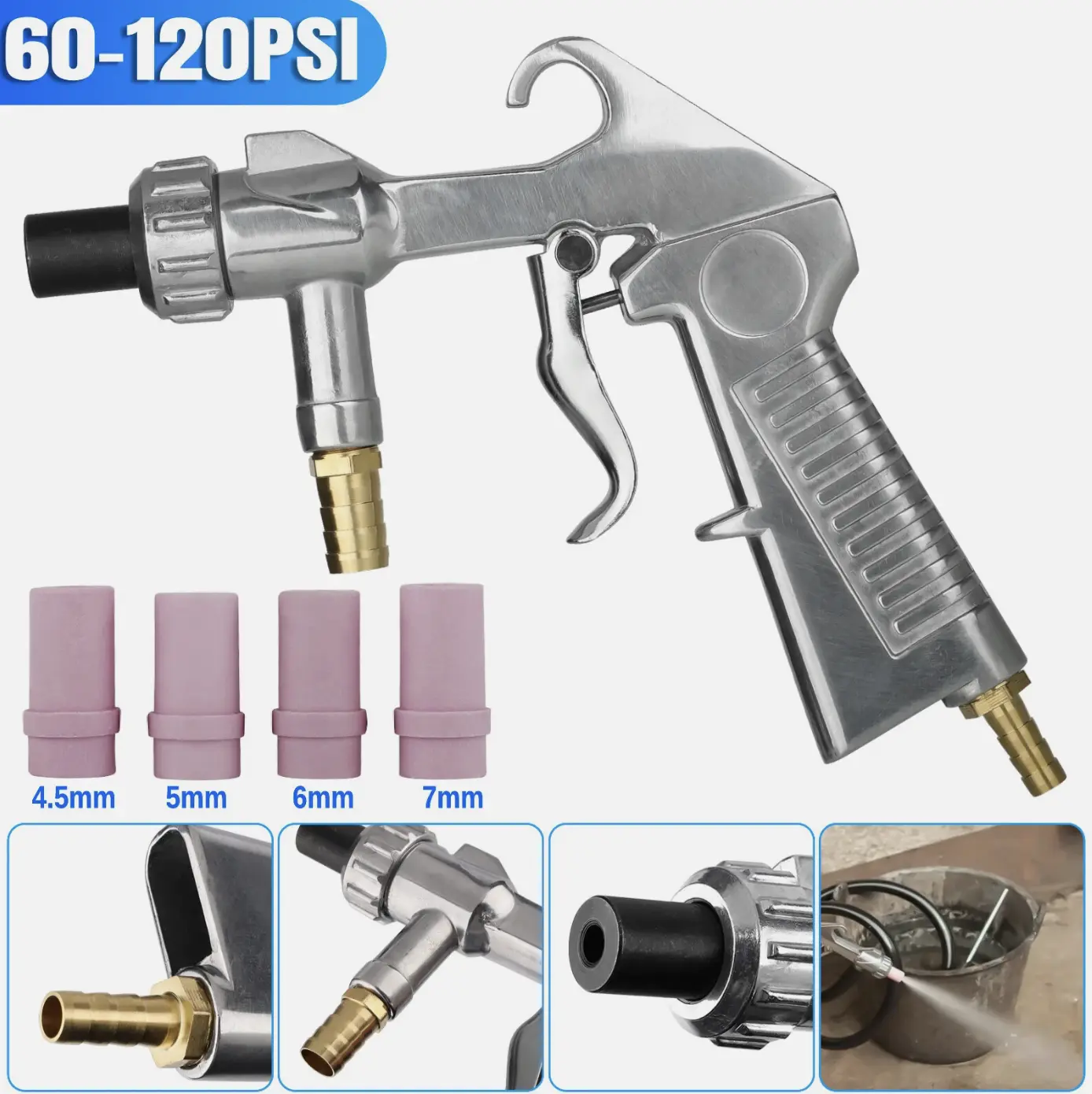 Heavy-Duty Air Sandblaster Kit, Abrasive Sandblasting Gun with 4 Ceramic Nozzles (4.5mm), 60-120 PSI for Rust Removal, Surface Cleaning on Fences, Aluminum, Glass, 1 × Sand Blaster Gun