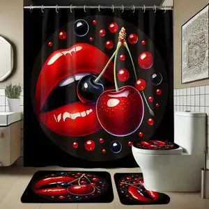 Lip Cherry Pattern Bathroom Set, Includes Shower Curtain and Rug, Non-Slip Bath Mat, U-Shaped Toilet Lid Cover Pad, Bathroom Supplies