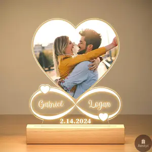 Custom Anniversary Christmas Photo Gifts for Boyfriend Personalized Heart Picture Frame Acrylic Plaque with Night Light Valentine's Day Couple Gifts For Girlfriend Birthday Gifts for Her Him