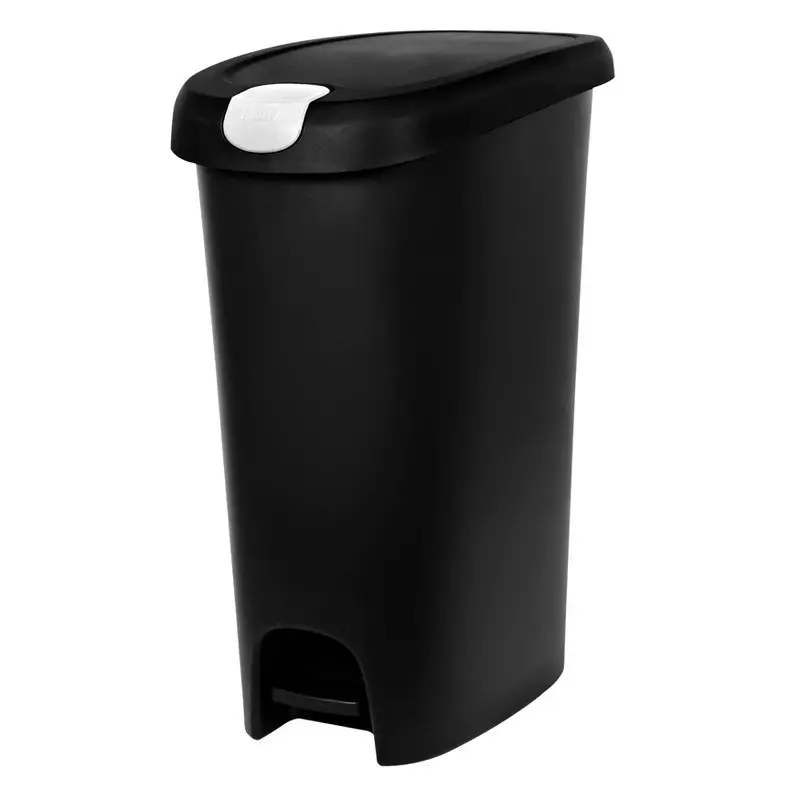 Hefty 12.3gal Slim Step Trash Can with Locking Lid Black: Large Kitchen Garbage Can, Pedal-Operated, Removable Lid