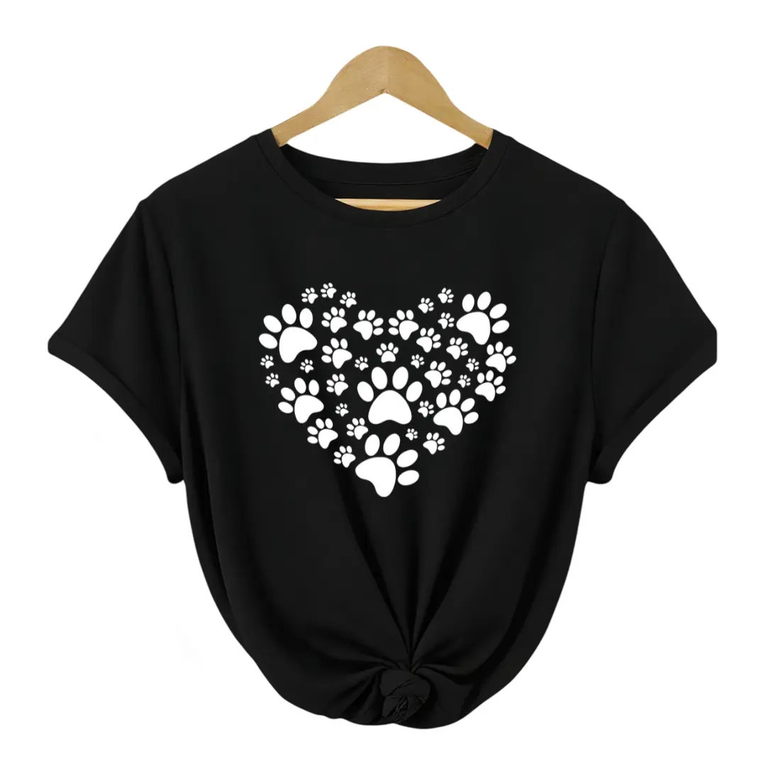Women's Cute Paw Print & Bone Heart T-Shirt - Retro Pet Lover Shirt with Paw & Bone Design,  Casual Round Neck Tee for Dog Owners, Christmas Halloween Gift, All-Season Wear