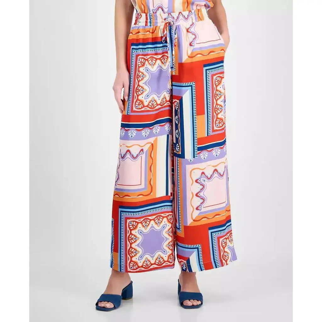 Tahari Women's Boho Geometric Print Wide-Leg Pants, Flattering Pull-On Polyester Trousers with Drawstring Waist, Machine Washable, Boho Pants, Elastic Waist, Pull-On Pants
