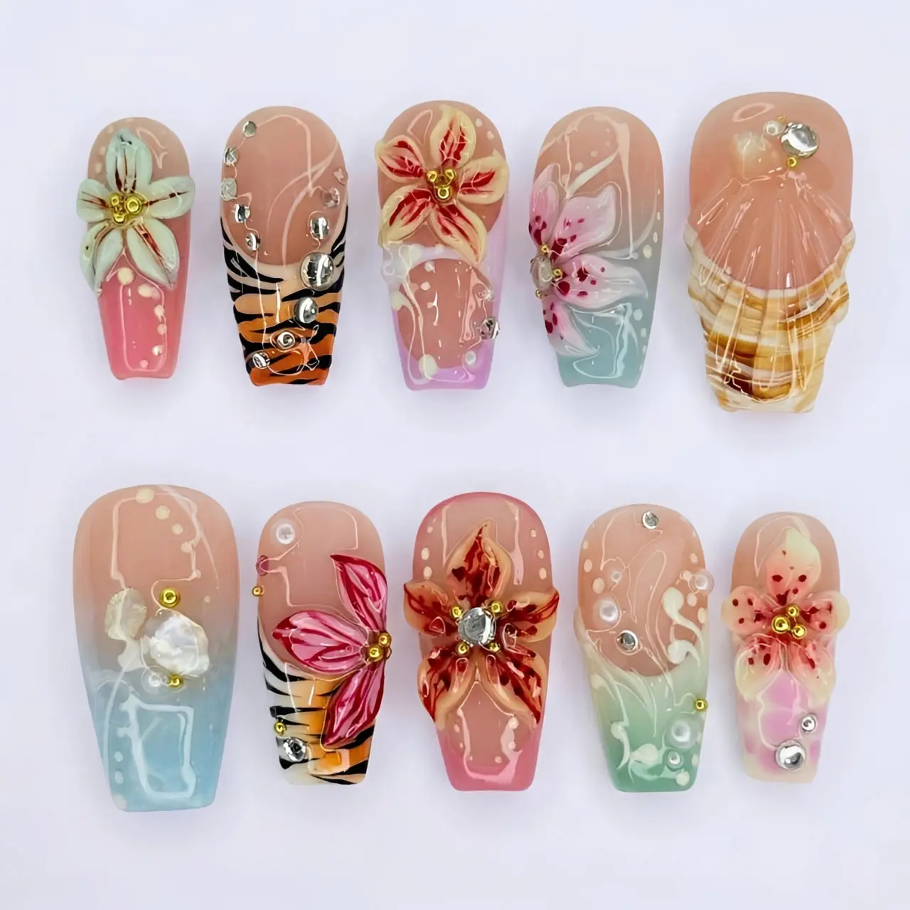 Tropical Beach Blossom Press On Nails | Handmade Floral Shell Nails | Summer Ocean Vacation Press On Nails | Luxury Coastal Nail Art