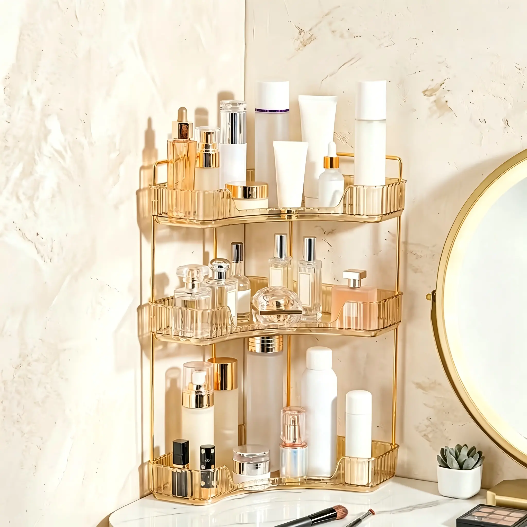 Compact 2-Tier/3-Tier Corner Rack - Plastic Freestanding Vanity Storage Shelf, Bathroom Necessities Bath Storage Holder, Small Room Organization Products for Bathroom, Kitchen, Single Unit