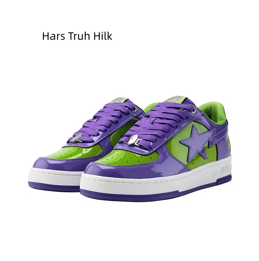 Vibrant Purple Green Gloss Leather Street Sneakers, Star Pattern Accent, Clean White Midsole Structure, Eye-Catching Colorway Casual Low Top Footwear For All Seasons