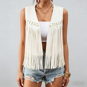 Women's Boho Western Fringe Faux Suede Vest | Studded Sleeveless Cowgirl Outfit for Music Festivals & Summer Days