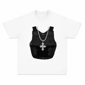 Menswear Short-Sleeve 100% Cotton 200GSM Oversized Round Neck T-Shirt, Bulletproof Vest Cross Chain Graphic, Loose-Fit Hip Hop Streetwear, Y2K Aesthetic, S-3XL Breathable Couple Casual Top, Gift for Rap Fans good tees