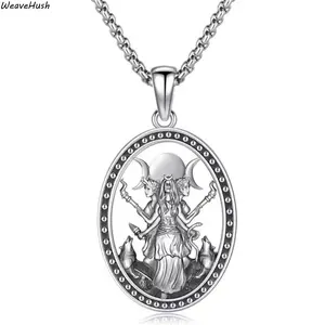 March Hecate Goddess Necklace, Unisex Witch Wiccan Jewelry, Silver Tone Oval Pendant, Mystic Spiritual Amulet Protection Symbol, Daily Wear Mystical Accessory for Magic & Spiritual Lovers