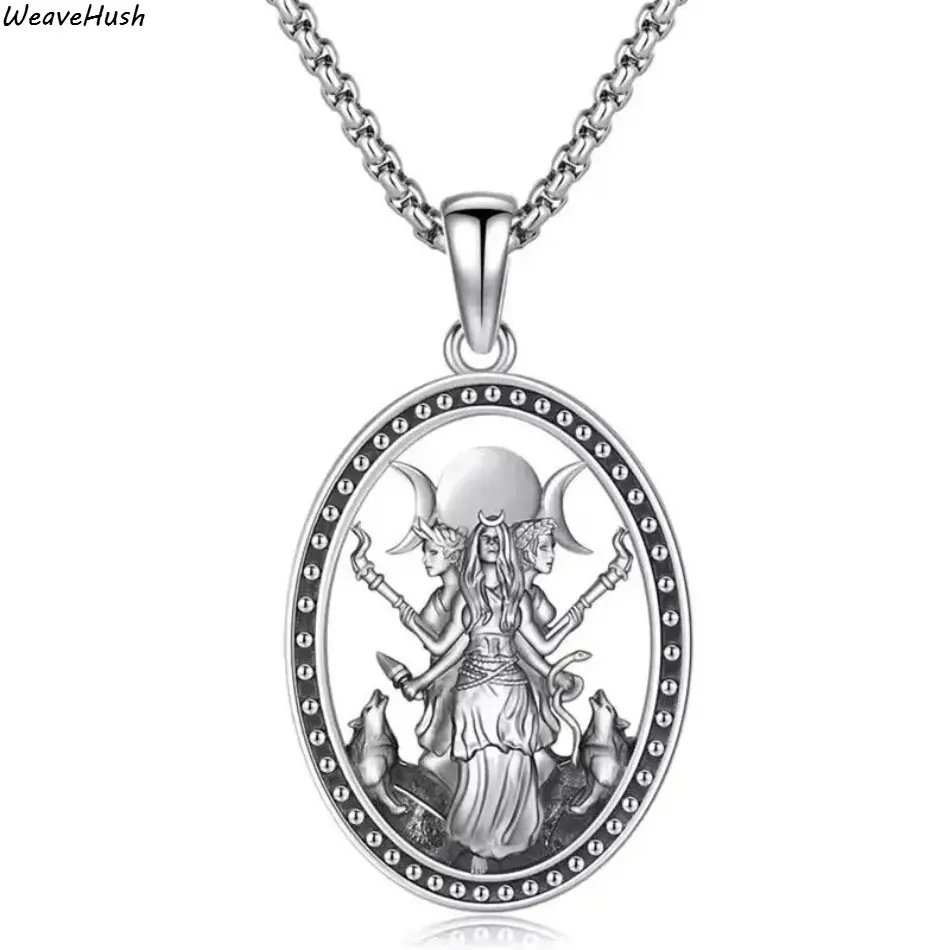 Moonstone Necklace - Unisex Silver-Tone March Hecate Goddess Oval Pendant Amulet, Spiritual Protection Symbol, Indoor Recreation Mystical Accessory for Magic Enthusiasts