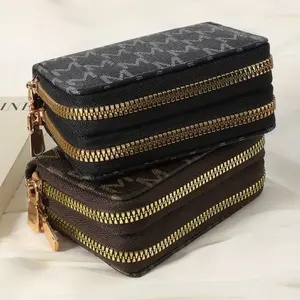 Vintage Chic Unisex Clutch Wallet - Double Zipper Closure, Multiple Zip Pockets, PU Leather Exterior, Polyester Lining, Random Heart Pattern Printing, Slim Design for Daily Use