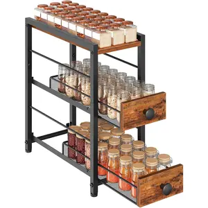 Spice Rack, 3-Tier Pull Out Spice Rack Organizer for Countertop, Countertop Shelf with 2 Drawers, for, Cafe, Rustic Brown and Black SR02BR