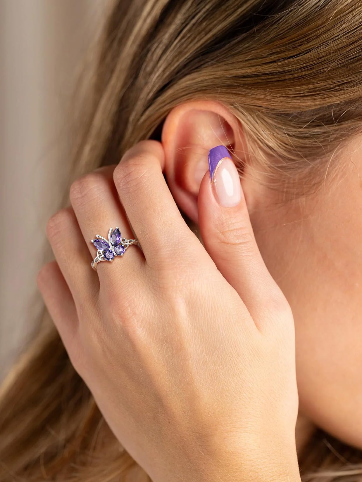 Silver Story 925 Sterling Silver Purple  Butterfly Ring for Women, Dainty Fixed Band Finger Ring with Sparkling Gemstone, Cute Nature Inspired Animal Jewelry Gift for Girls Party Daily Wear