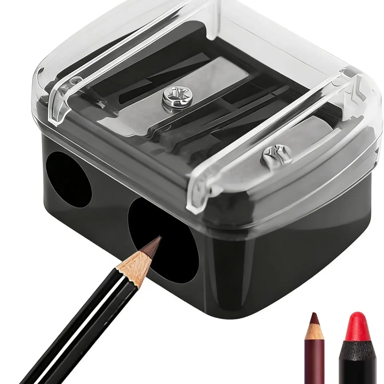 Dual-Blade Makeup Sharpener, Eyeliner, Brow, Lip Liner Sharpener with Dust Cover, Portable, Durable, Compact, Lightweight, Stainless Steel Blade, Plastic Lid, Cosmetic Tools