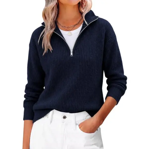 ANRABESS Womens Cropped Quarter Zip Sweaters | Short Length Boxy Loose Fit Knit Tops, Long Sleeve Mock Neck Pullover, Cozy Warm Business Casual Work, Fall Winter Wear