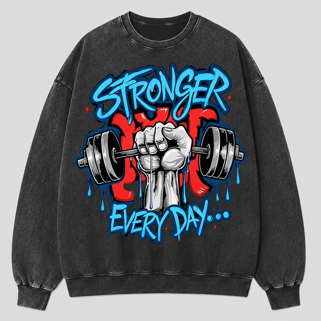 Stronger Every Day Washed Sweatshirt for Men Women, Black Crew Neck Long Sleeve Pullover, Barbell Fist Fitness Graphic Casual Workout Top, Size S-5XL