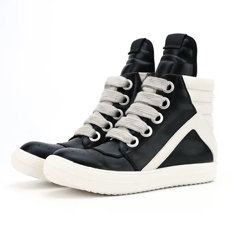 Men's Black Leather Lace-Up High-Top Sneakers - Chunky Retro Casual Athletic Trainers, Thick-Soled Slip-Resistant Training Walking Shoes, Comfortable Round-Toe Footwear
