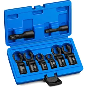 8 count 3/8" and 1/2" Flex  Crows Flare Nut Wrench Socket Foot Line Wrench kit Set Flex Injector  Line Crowfoot Flare Nut Size 12 14 16 17 18 19 mm Extension Bar