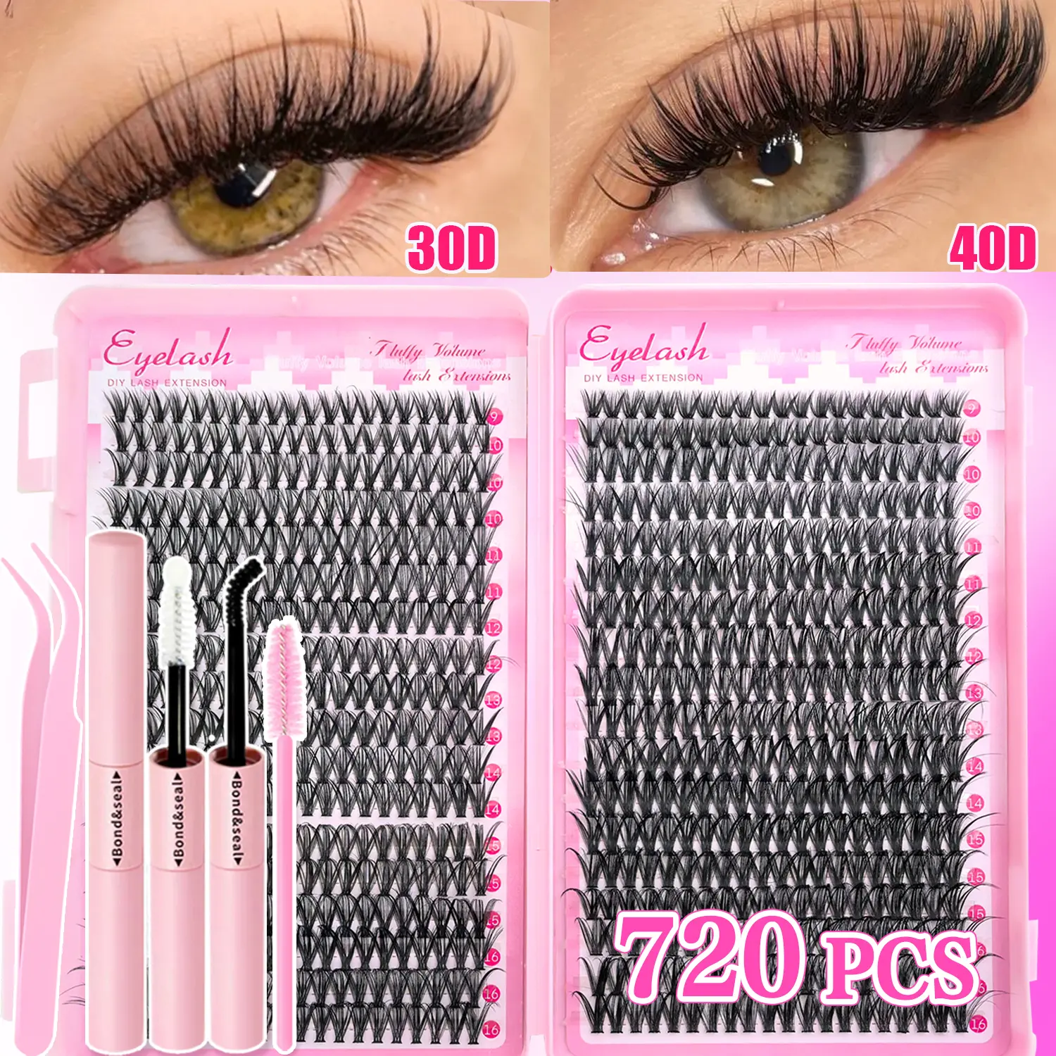 720Pcs Set, Eyelash Clusters Kit, 30D+40D Lashes with Glue, Tweezers & 2 Brushes, D Curl Mixed Length 9-18mm Cluster Eyelash, Cluster Eyelash Extensions, Cat Eye Individual Eyelashes, for Daily Wear, Party, Eyelash Extension Kit