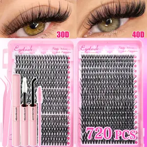 720Pcs Set, 30D+40D Natural Look Lashes with Glue, Tweezers & 2 Brushes, Eyelash Bonding Tools, D Curl Mixed Length 9-18mm Cluster Eyelash, Wispy Cat Eye & Fox Effect Individual Eyelashes, Lightweight Lash, for Daily Wear, Party, Eyelash Extension Kit