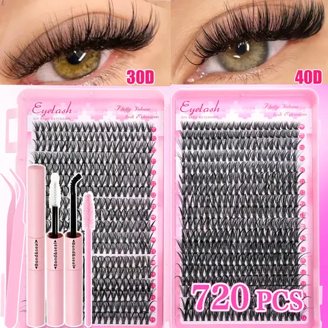 720Pcs Set, Beauty Eyelash Clusters Kit, 30D+40D Lashes with Glue, Tweezers & 2 Brushes, D Curl Mixed Length 9-18mm Cluster Eyelash, Cluster Eyelash Extensions, Cat Eye Individual Eyelashes, for Daily Wear, Party, Eyelash Extension Kit