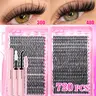 720Pcs Set, Beauty Eyelash Clusters Kit, 30D+40D Lashes with Glue, Tweezers & 2 Brushes, D Curl Mixed Length 9-18mm Cluster Eyelash, Cluster Eyelash Extensions, Cat Eye Individual Eyelashes, for Daily Wear, Party, Eyelash Extension Kit