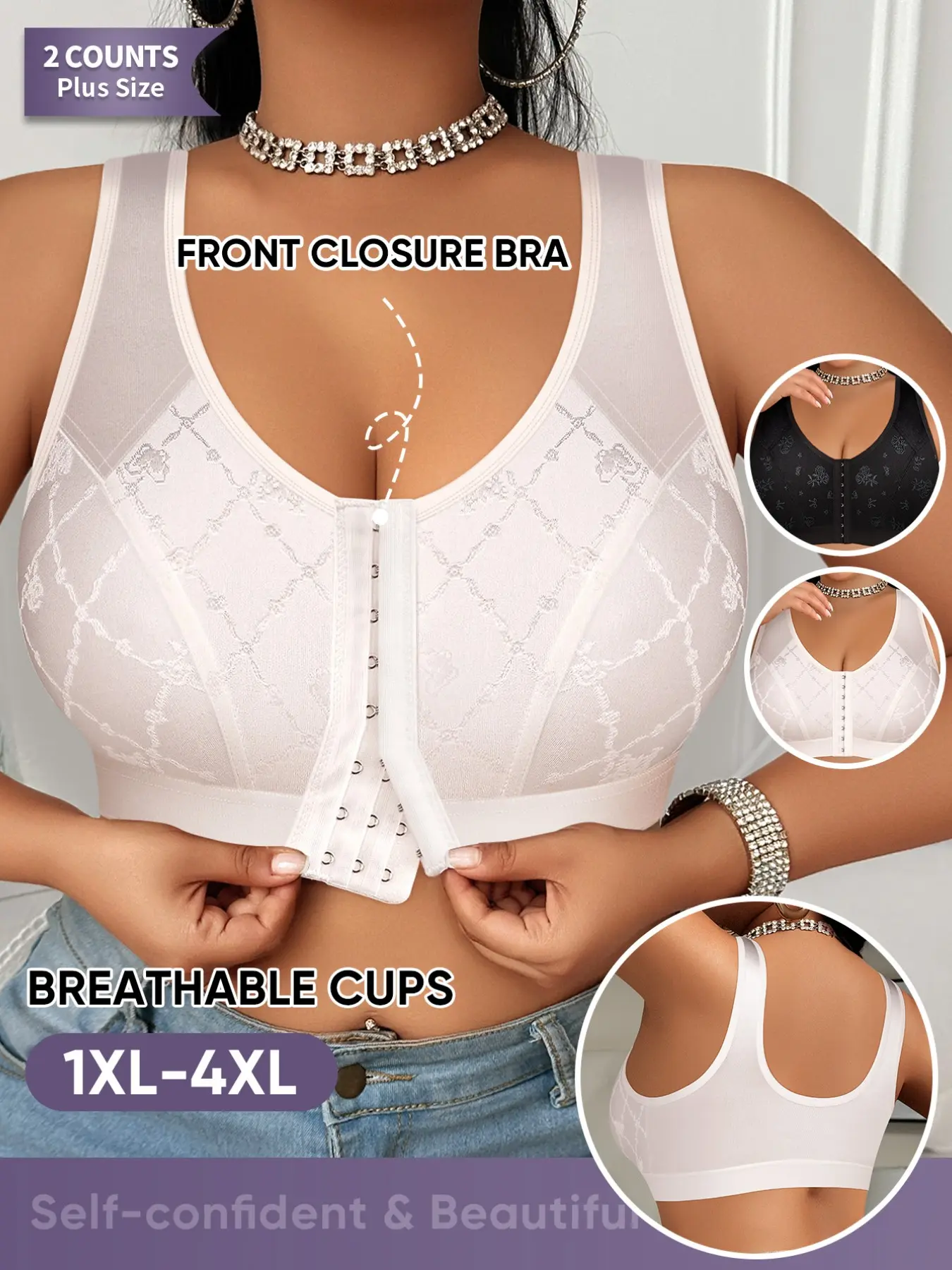Morelect Plus Size Front Buckle Bra, Floral Bow Design, 1xl-4xl, Easy Wear, Breathable, Comfortable Backless Lingerie, All Seasons