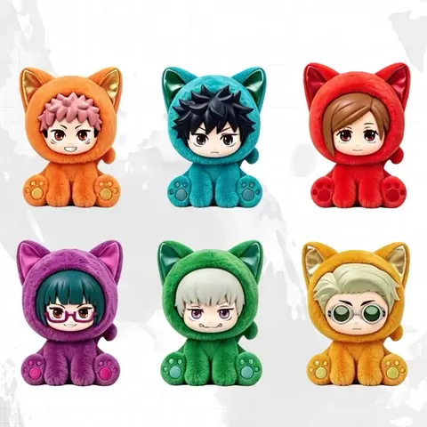 JJK Jujutsu Kaisen Sitting Cat Party Plush Blind Box, jjk Anime Figure Stuffed Toy for Desk Decor & PC Setup, Mystery Kawaii Collectible Anime Merch, JJK Blind Box Gift