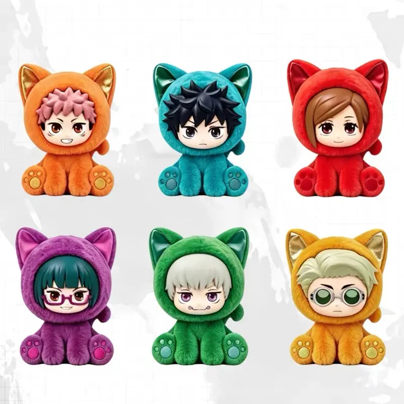 Jujutsu Kaisen Sitting Cat Party Plush Blind Box, Anime Figure Stuffed Toy for Desk Decor & PC Setup, Mystery Kawaii Collectible Anime Merch, JJK Blind Box Gift